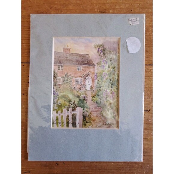 Lesley Holmes Watercolor Mini Painting Cottage with Flowers Print 12/500 Signed - Picture 2 of 11